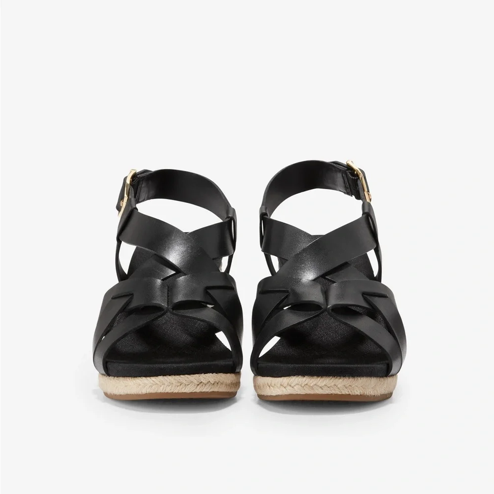 Cole Haan Crystal Wedge Sandals Black‎ Leather Size 7.5B